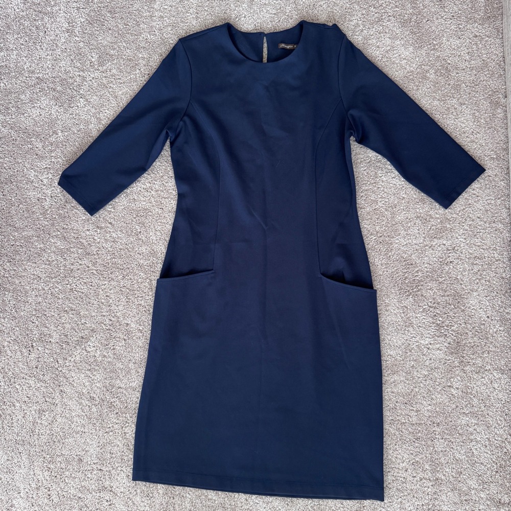 NWOT J. McLaughlin Navy Blue Ponte Sheath Dress 3/4 Sleeve Pockets Size M